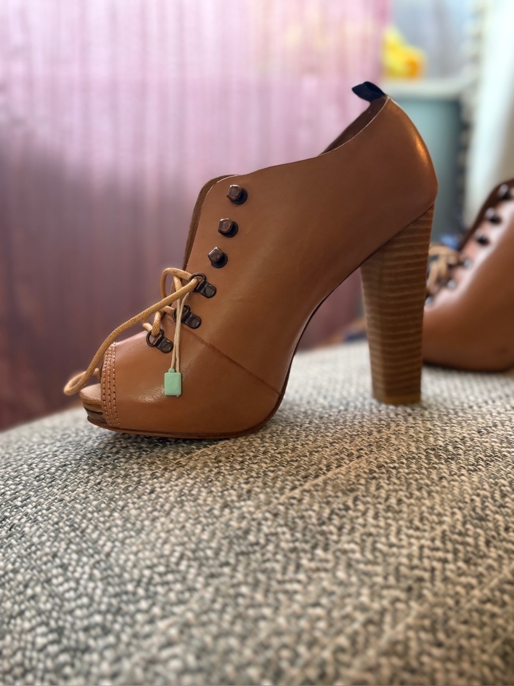 Diesel Tan Lace-Up Peep-Toe Platform Booties with Blue Laces - Picture 6 of 7